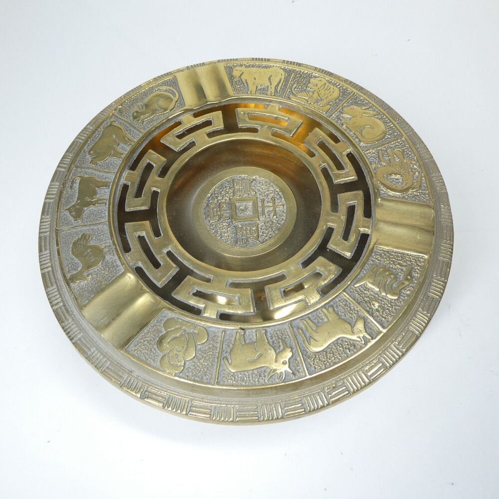 Brass Incense Burner Censer Chinese Zodiac Signs Vintage 8" Round Footed